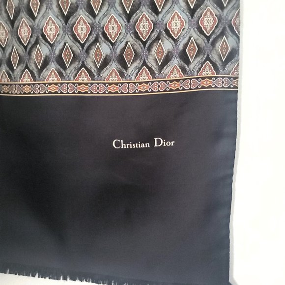 Vintage CHRISTIAN DIOR Silk & Wool Long Neck Scarf Geo Pattern Black Red Grey - Picture 2 of 6